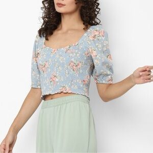 American Eagle Blouse Smocked Blue Floral Cottage NWT Size Large